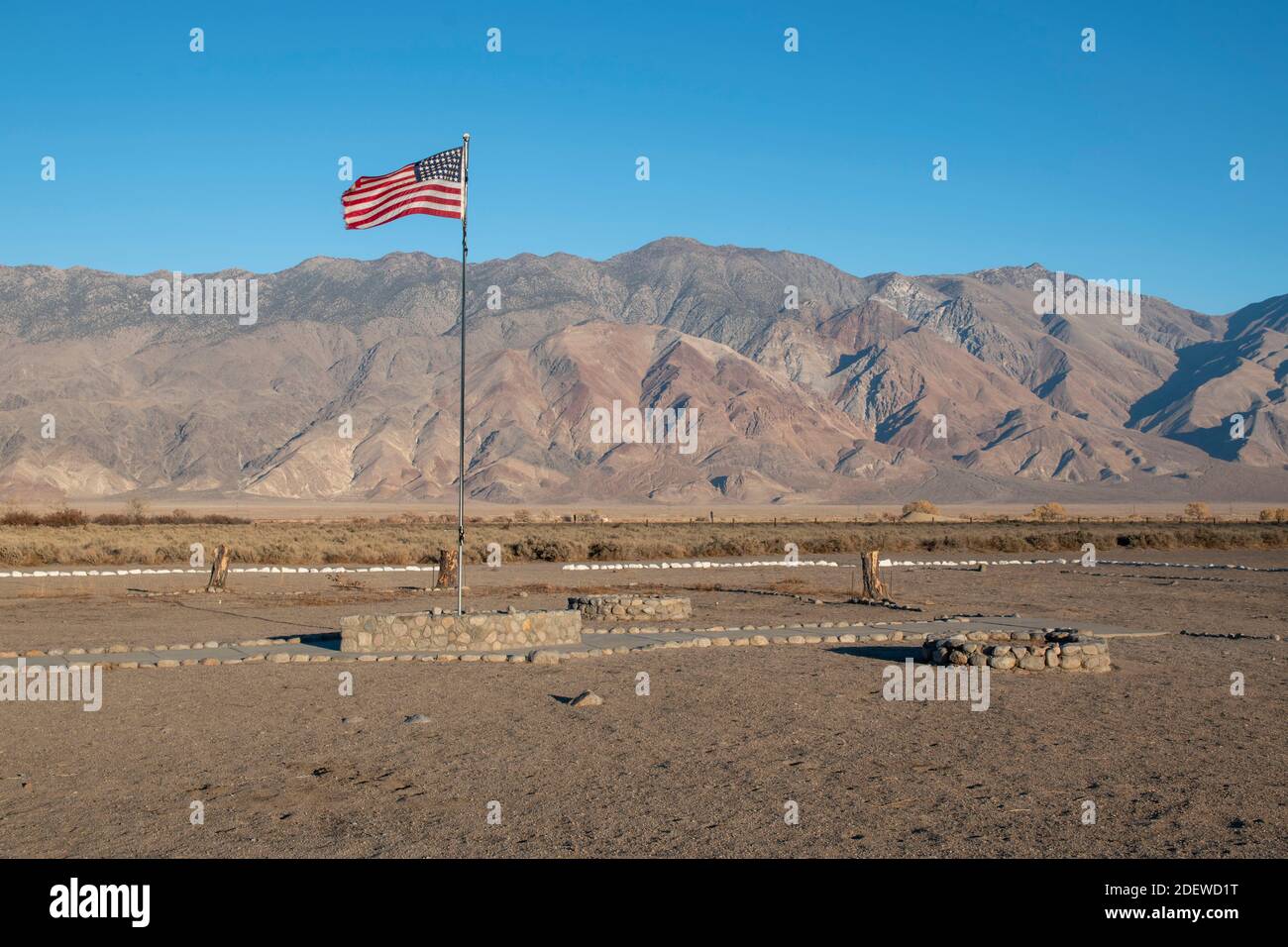 The Manzanar War Relocation Center was an internment camp for Japanese citizens in World War II. It's in the Eastern Sierras of Inyo County, CA. Stock Photo