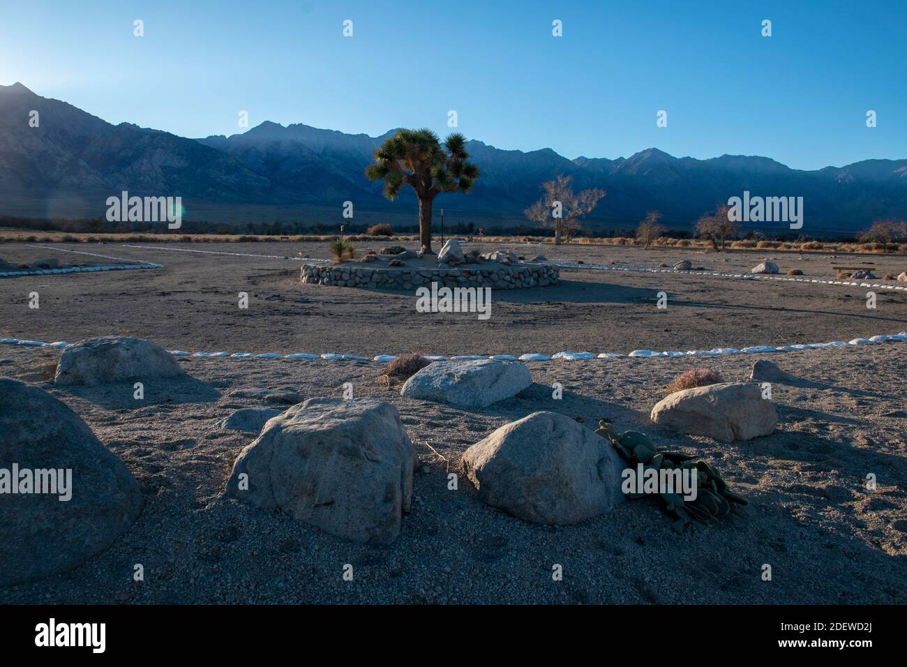 The Manzanar War Relocation Center was an internment camp for Japanese citizens in World War II. It's in the Eastern Sierras of Inyo County, CA. Stock Photo
