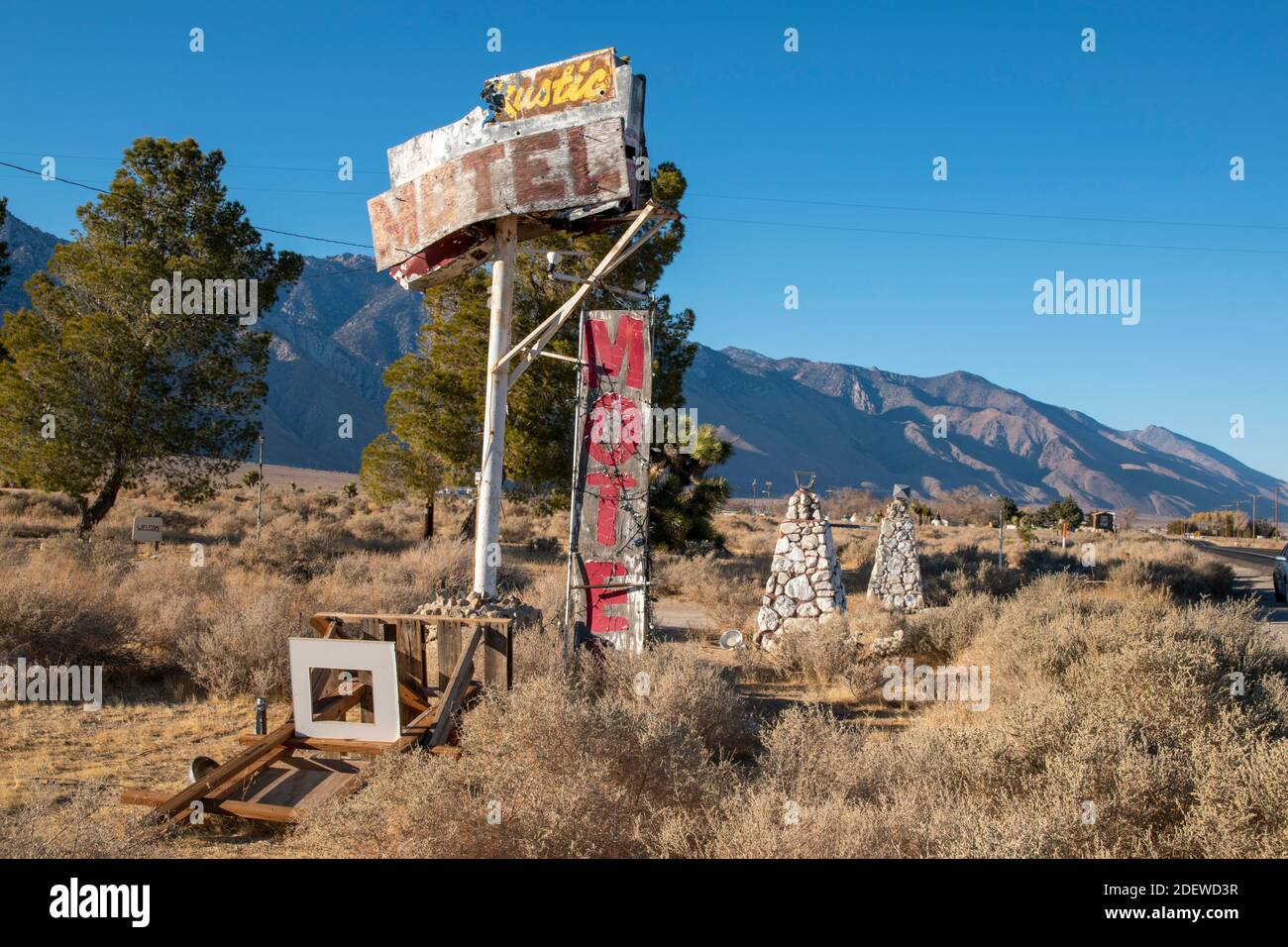 Olancha is a small town in Inyo County, California, famous for being close to Death Valley National Park. It has several buildings in disrepair. Stock Photo