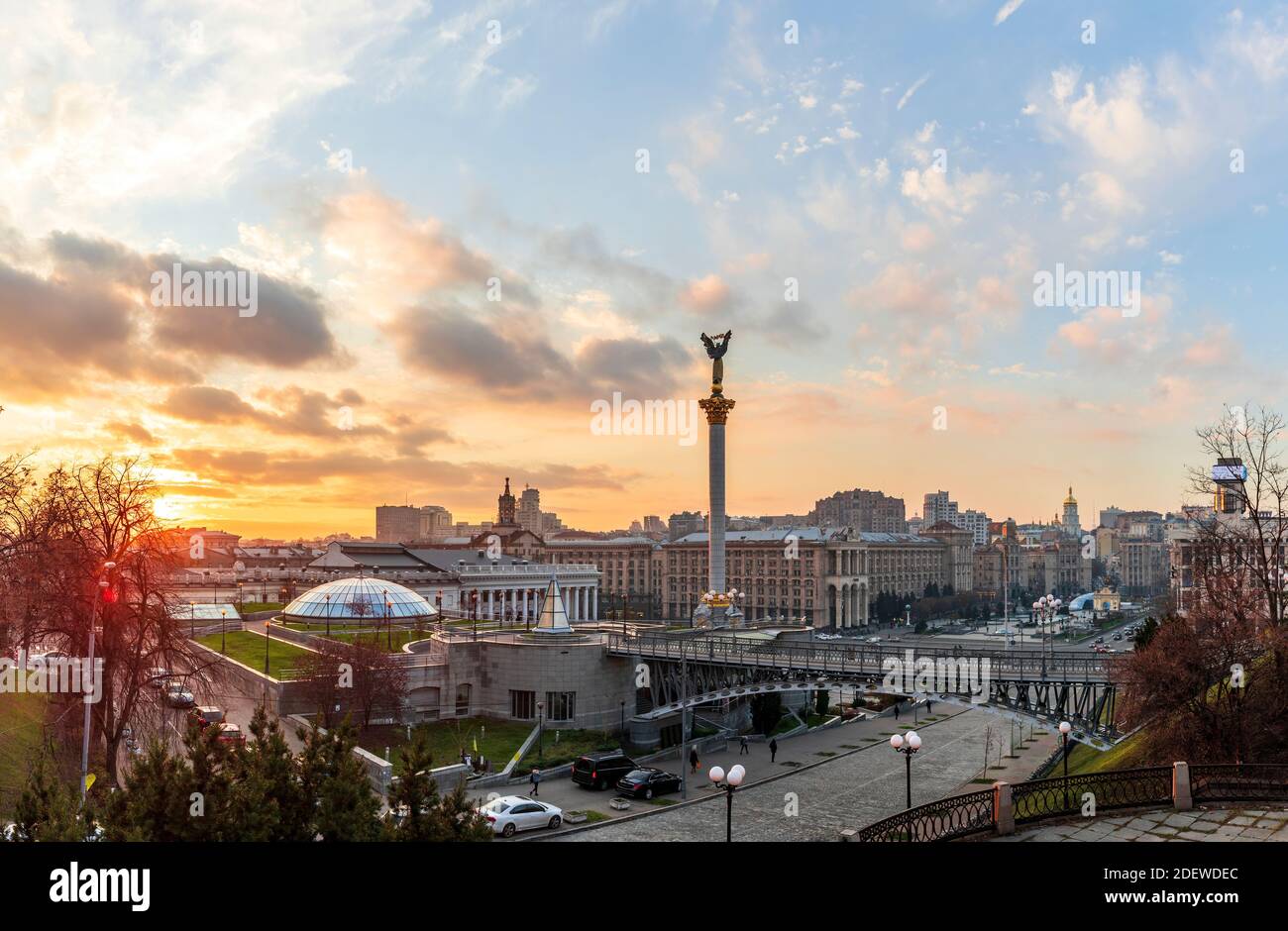 Independence Square is the main place in Kyiv, Ukraine, at sunset. Stock Photo