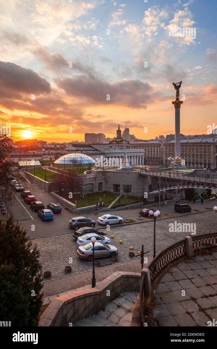 Independence Square is the main place in Kyiv, Ukraine, at sunset. Stock Photo