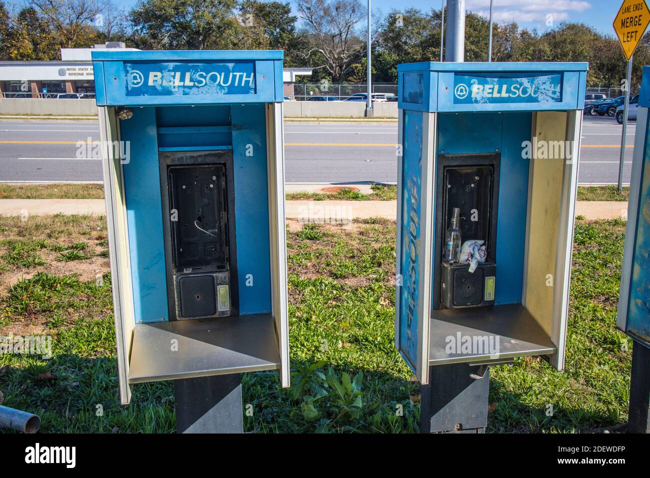 Hephzibah, Ga USA - 12 01 20: A row of old payphone booths with the phone missing vintage trash close up Stock Photo