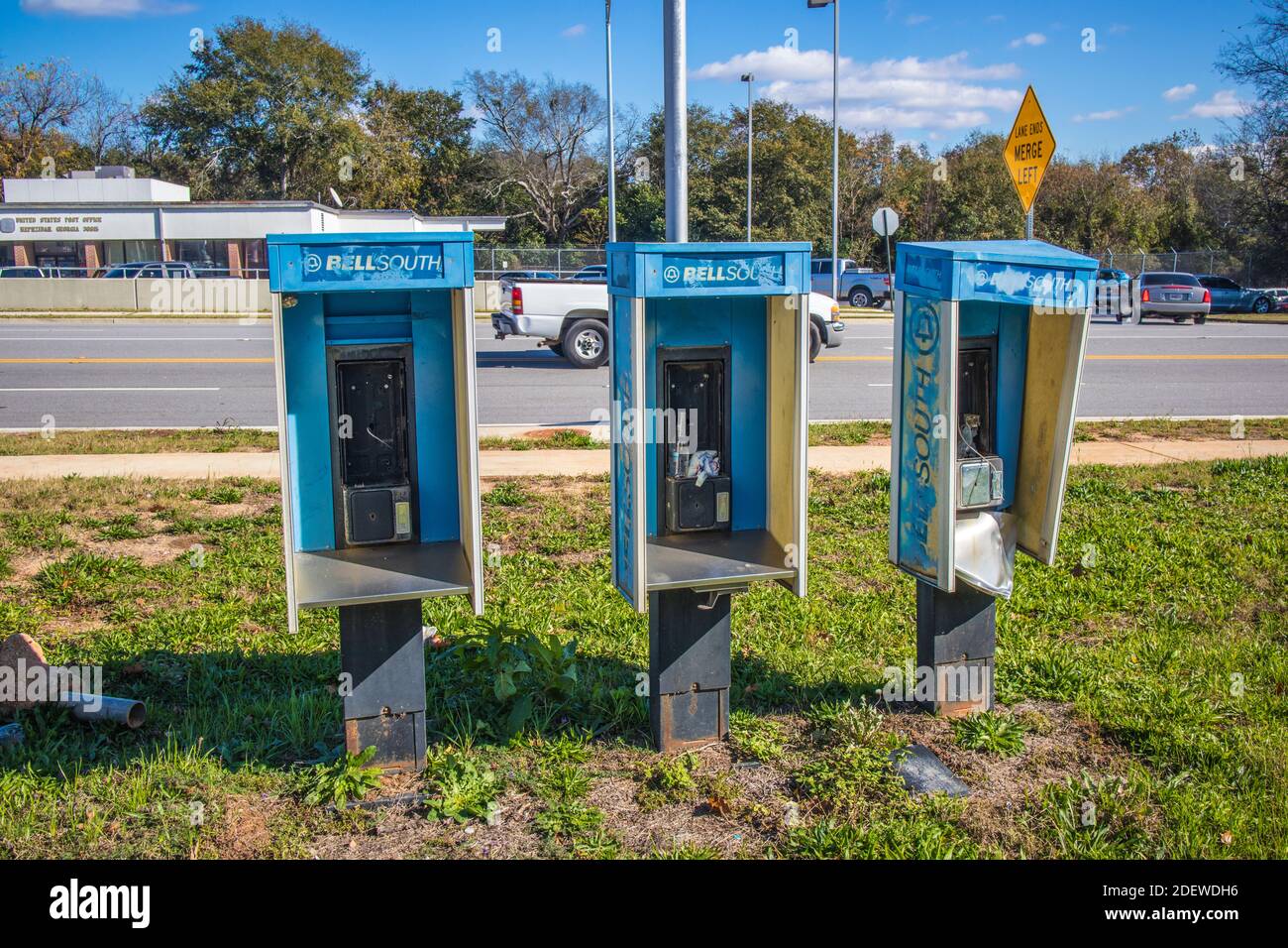 Hephzibah, Ga USA - 12 01 20: A row of old payphone booths with the phone missing vintage Stock Photo