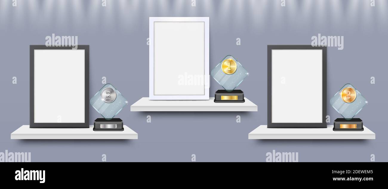 Download Blank Frame And Acrylic Glass Trophy Award On Shelf Mockup Set Vector Isolated Illustration Stock Vector Image Art Alamy