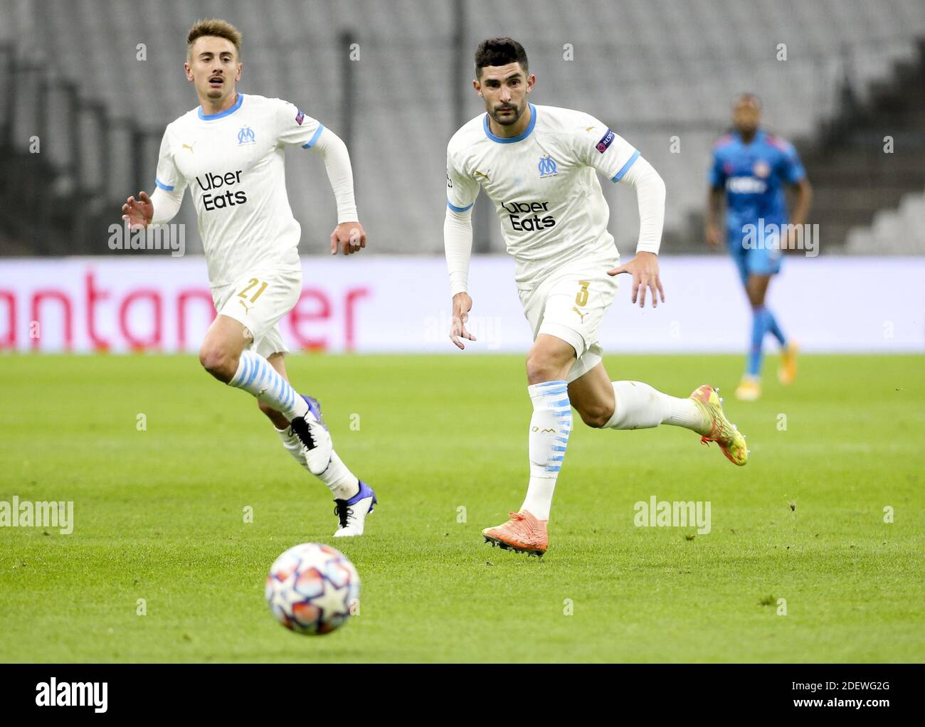 Marseille, France. 01st Dec, 2020. Alvaro Gonzalez, Valentin Rongier (left) of Marseille during the UEFA Champions League, Group C football match between Olympique de Marseille (OM) and Olympiacos FC (Olympiakos) on December 1, 2020 at Stade Velodrome in Marseille, France - Photo Jean Catuffe / DPPI / LM Credit: Paola Benini/Alamy Live News Stock Photo