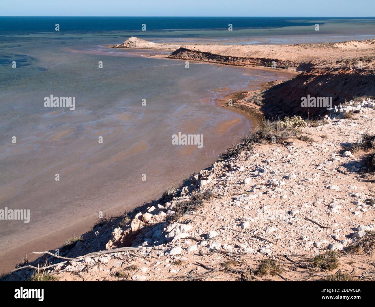 The shallow waters of Shark Bay from Eagle Bluff lookout near Denham, Western Australia Stock Photo