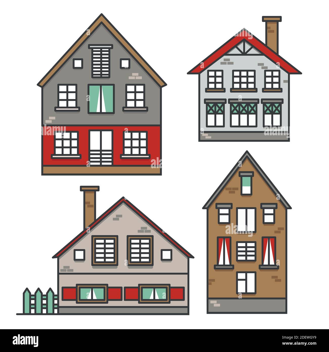 Set of traditional European style houses in the old town. Neighbourhood suburban. Colourful traditional street. Vector illustration Stock Vector