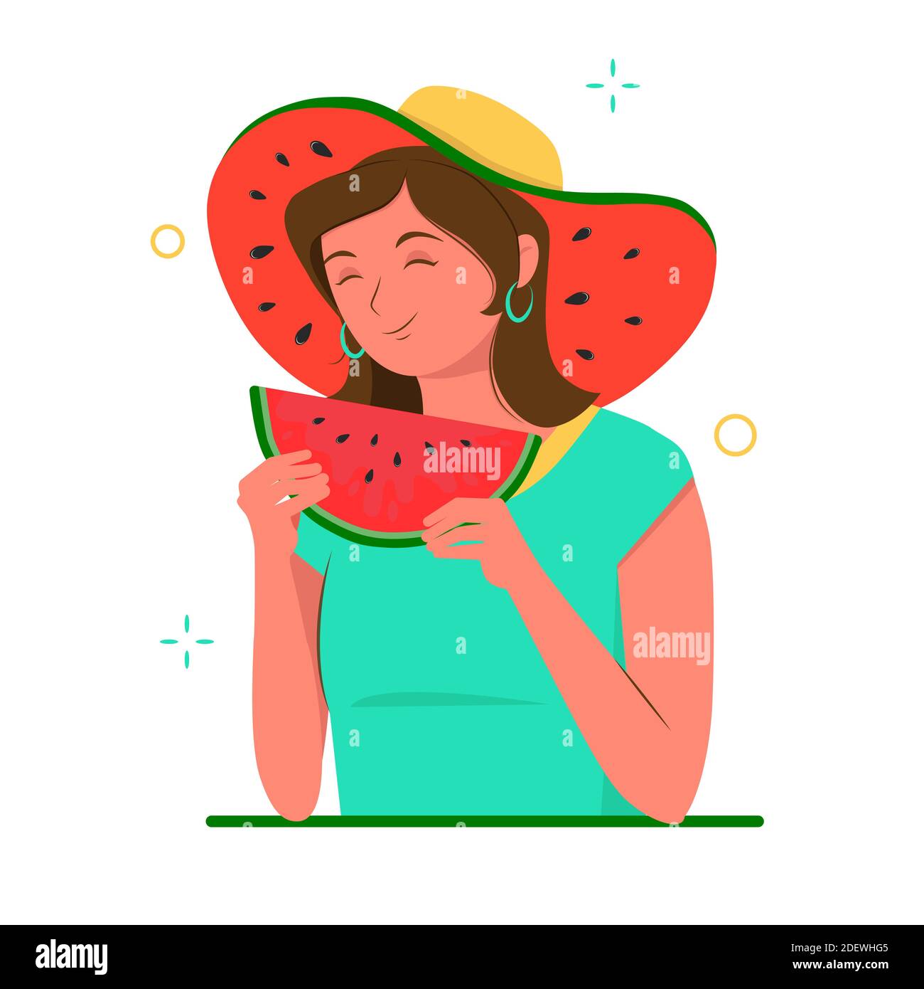 Girl with hat and slice of watermelon in hands. Cute summer woman. Vector cartoon flat illustration isolated on white background. Stock Vector