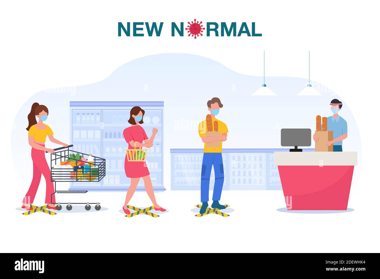 New normal concept illustration with people wearing face mask and keep distance away in supermarket to protect COVID-19 Coronavirus flu outbreak, peop Stock Vector