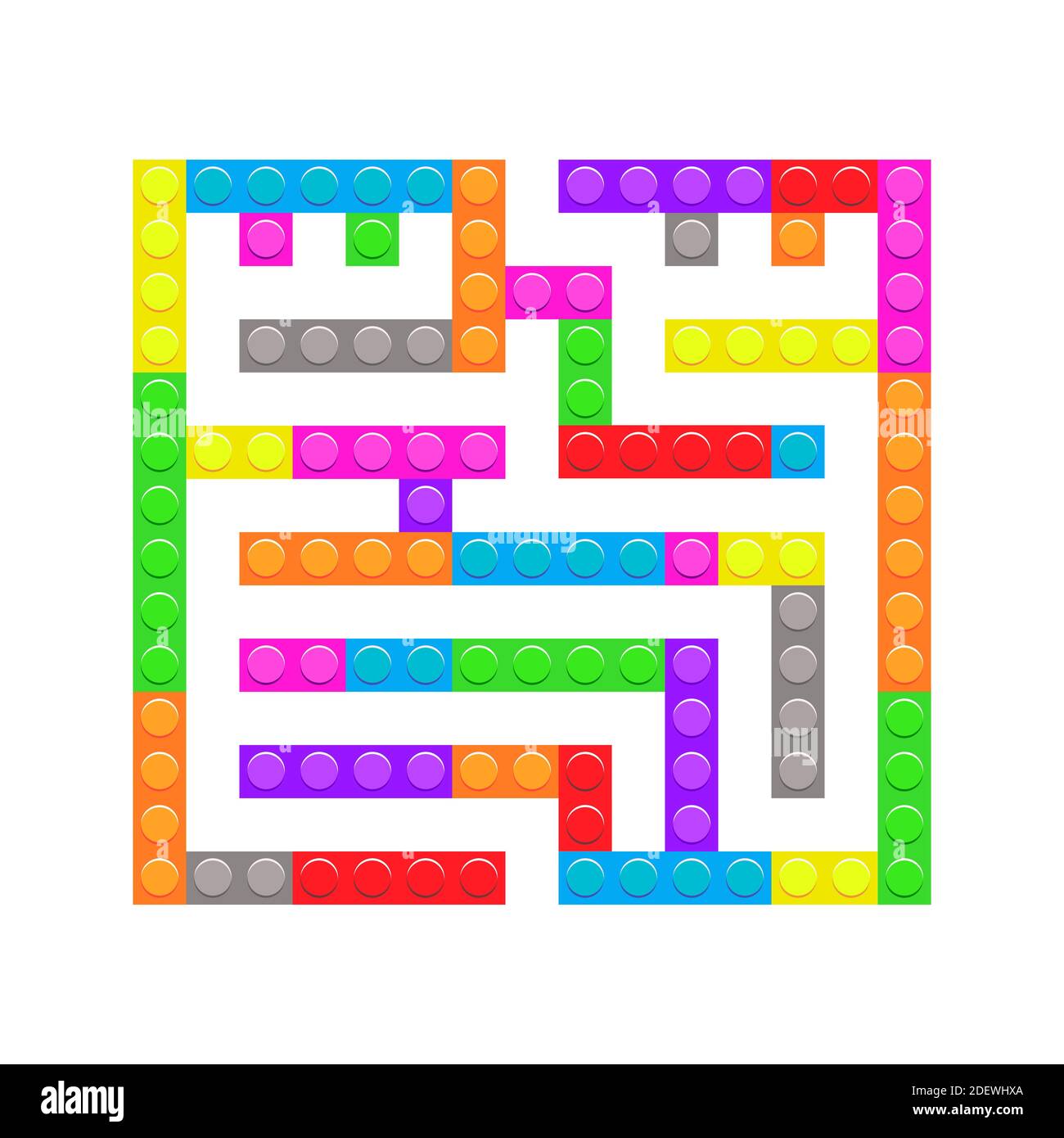 Square maze bricks toy labyrinth game for kids. Labyrinth logic conundrum. One entrance and one right way to go. Vector bright flat illustration isola Stock Vector