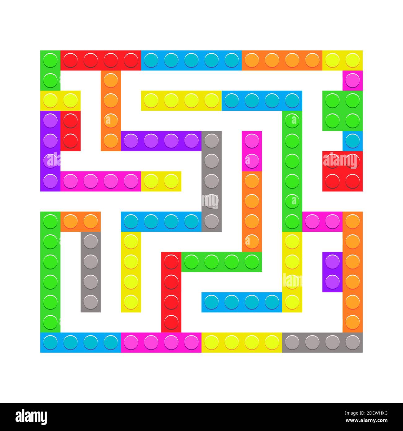 Square maze bricks toy labyrinth game for kids. Labyrinth logic conundrum. One entrance and one right way to go. Vector bright flat illustration isola Stock Vector