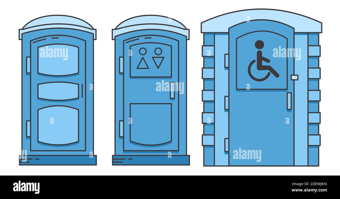 Mobile portable bio toilet. Toilet for disabled people. Set of icon. Front  view. Blue plastic closet WC. Vector iIllustration Stock Vector Image & Art  - Alamy
