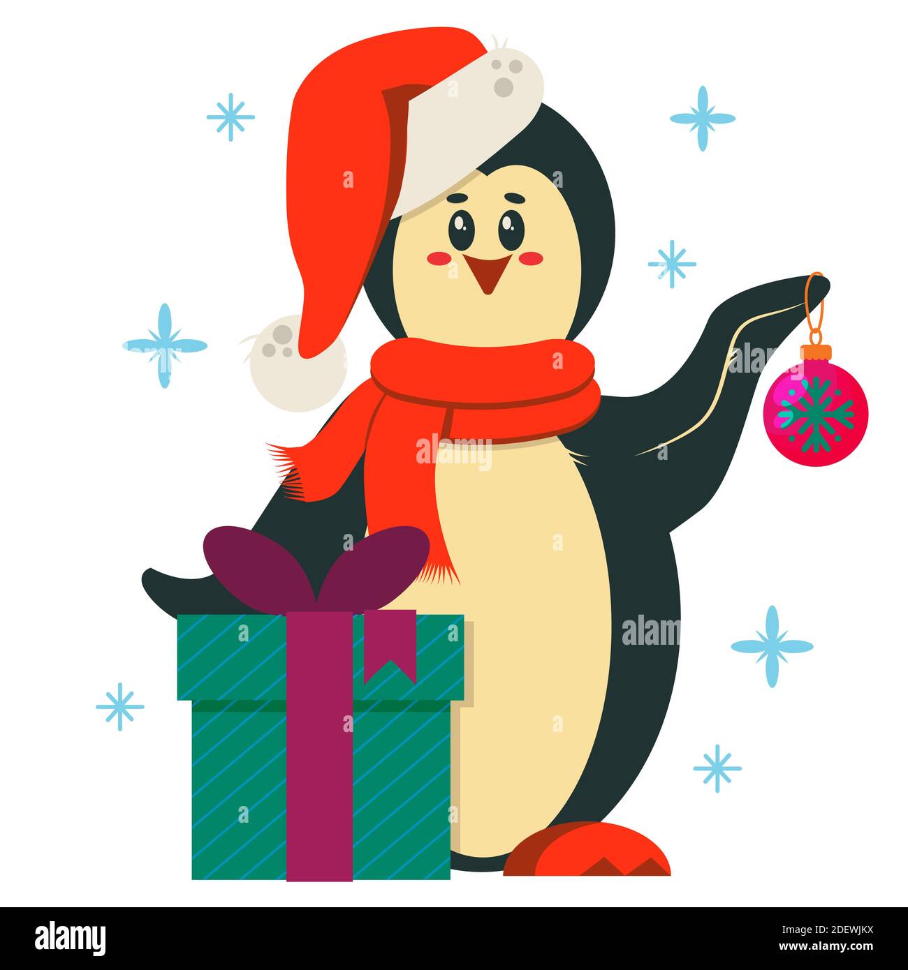 Premium Vector  Cute penguin in warm sweater with snowflake print vector  flat illustration. funny polar bird wearing winter knitted clothes isolated  on white. adorable arctic animal in christmas apparel.
