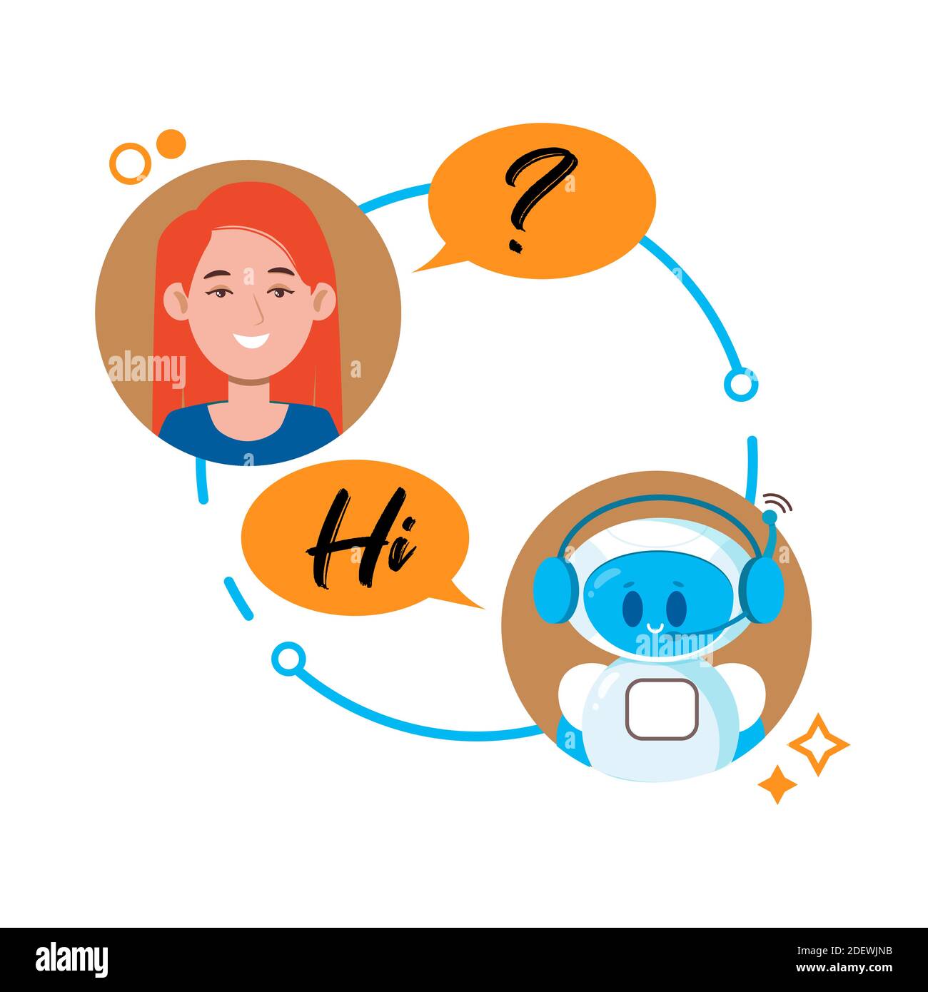 Chatbot concept. Man chatting with cute robot chat bot. Vector