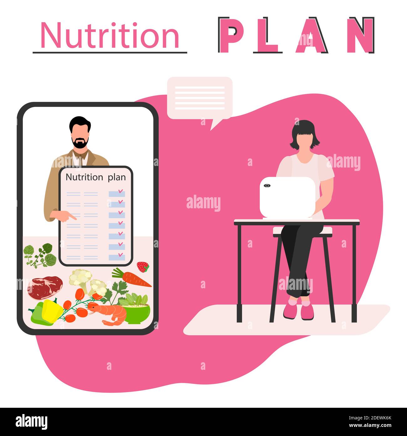 Vector illustration Nutrition Consultant Online explains diet to human
