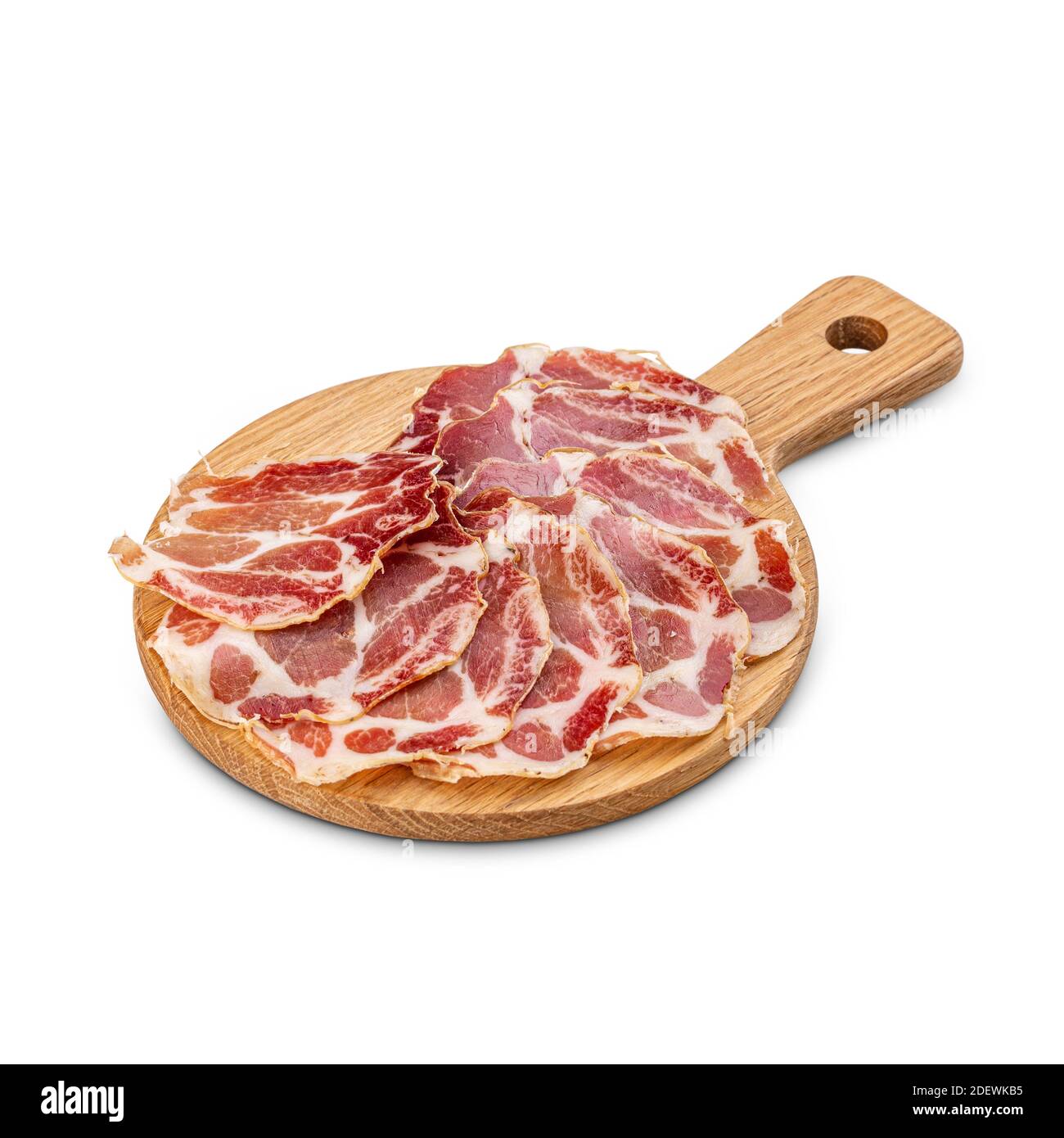 Italian sliced cured coppa on wooden cutting board, white background ...