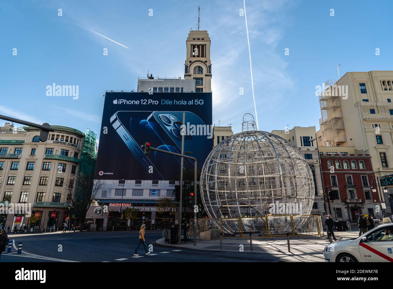 Madrid, Spain - November 22, 2020: Iphone 12 Pro banner on the facade of Circulo de Bellas Artes building in Madrid Stock Photo