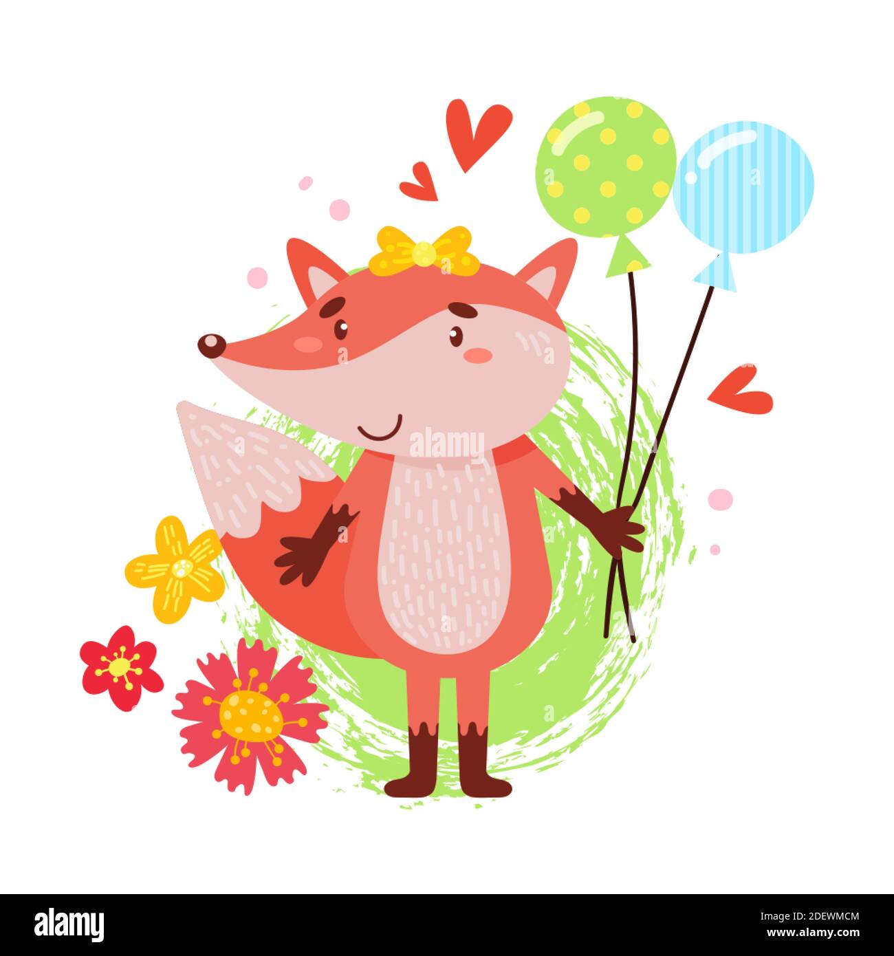 Cute fox holds two balloons in his hand. Simple illustration on an isolated background. Can be used as a design for office supplies, prints on clothes Stock Vector