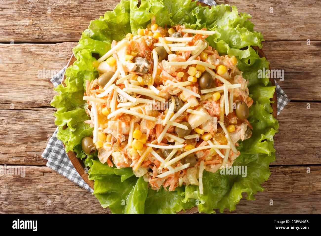 Delicious Brazilian Salpicao Salad Of Chicken Vegetables Raisins Seasoned With Mayonnaise And Topped Potato Sticks Close Up In A Plate On The Table Stock Photo Alamy