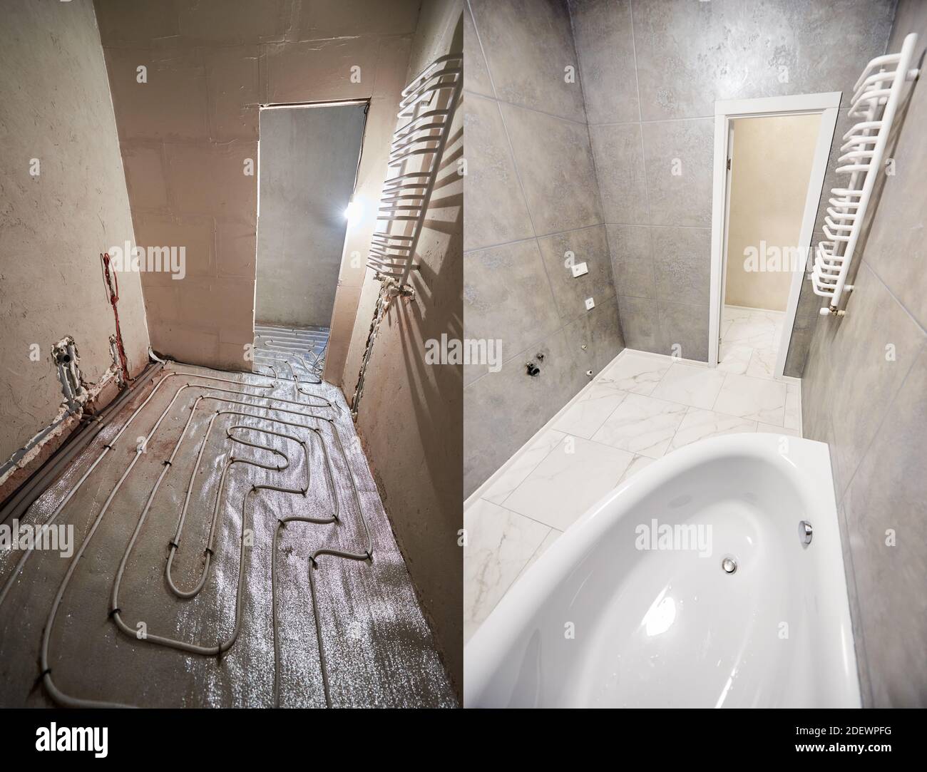 Collage of modern bathroom with marble floor before and after renovation. Comparison of old restroom with underfloor heating pipes and new washroom with heated towel rail and while bathtub. Stock Photo