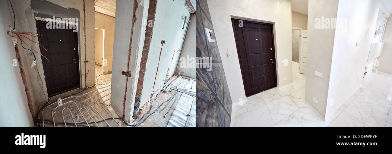 Comparative image of a hall in apartment before and after restoration. Entrance door, interior doors, floor heating pipe system and white tiles layer on whole area. Stock Photo