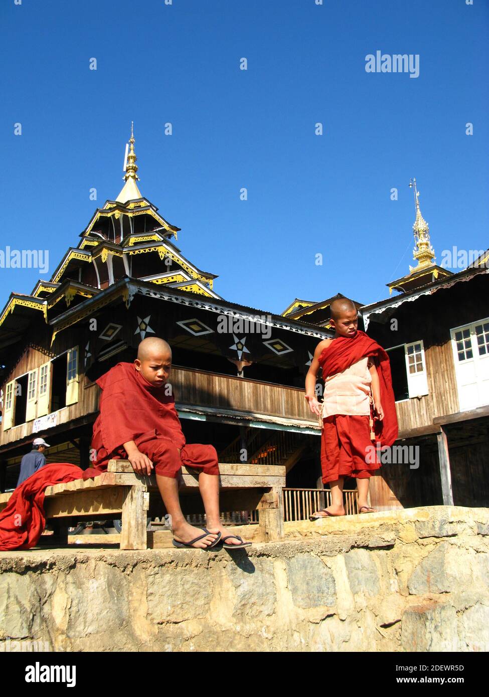 Monks in the temple on the coast of Inle lake, Myanmar Stock Photo