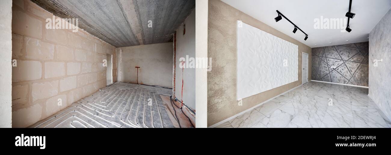 Empty apartment room with stylish design before and after refurbishment. Comparison of old flat with underfloor heating pipes and freshly renovated flat with stretch ceiling and marble floor. Stock Photo