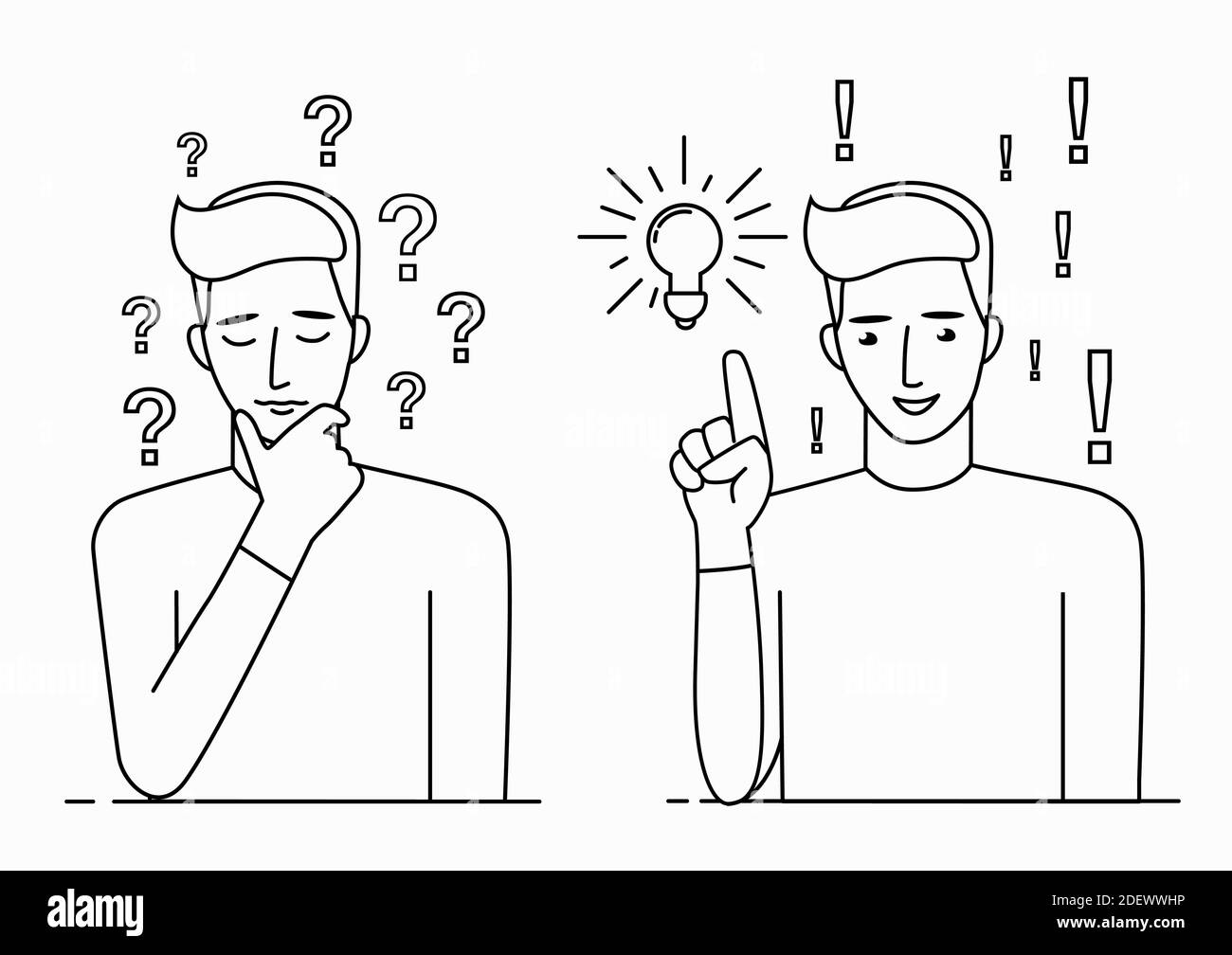 Problem solving concept. A man thinks about a problem and finds a solution. A question mark and a light bulb are symbols of this process. Line art Stock Vector