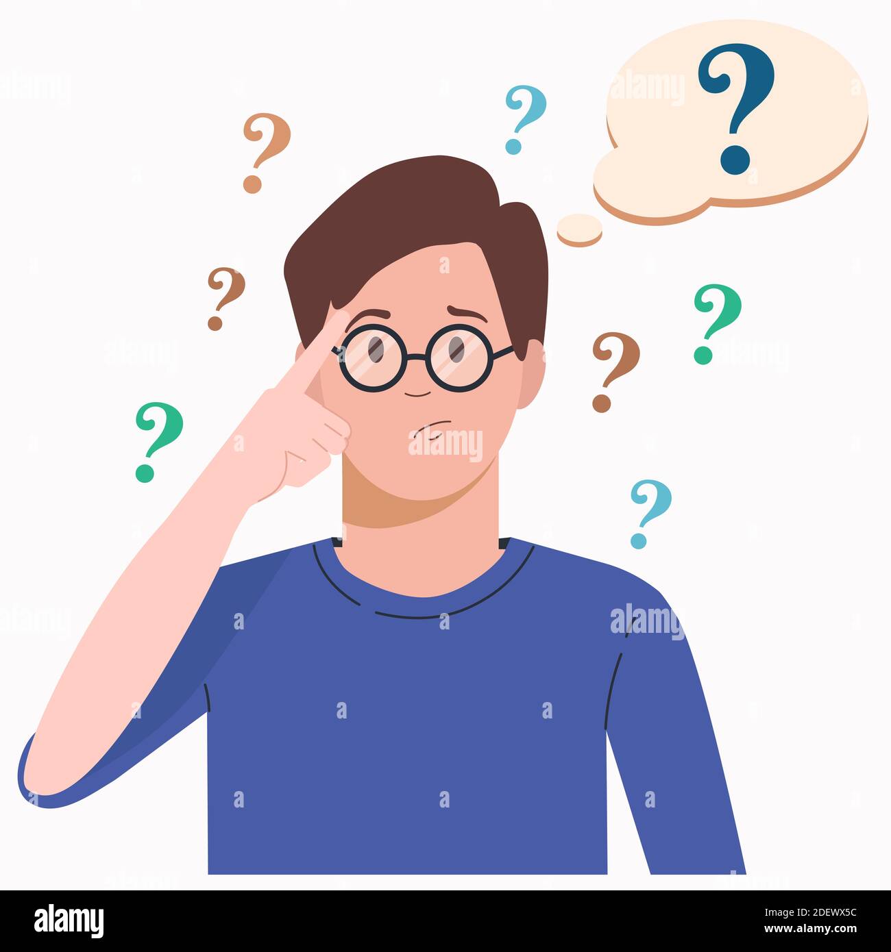Portrait of young man woman. Boy with question mark in think bubble. People  thinking or solving problem. Dilemma vector flat cartoon concept Stock  Vector Image & Art - Alamy