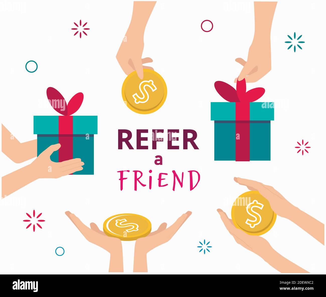 Refer a Friend. Referral marketing concept. Illustration of two people