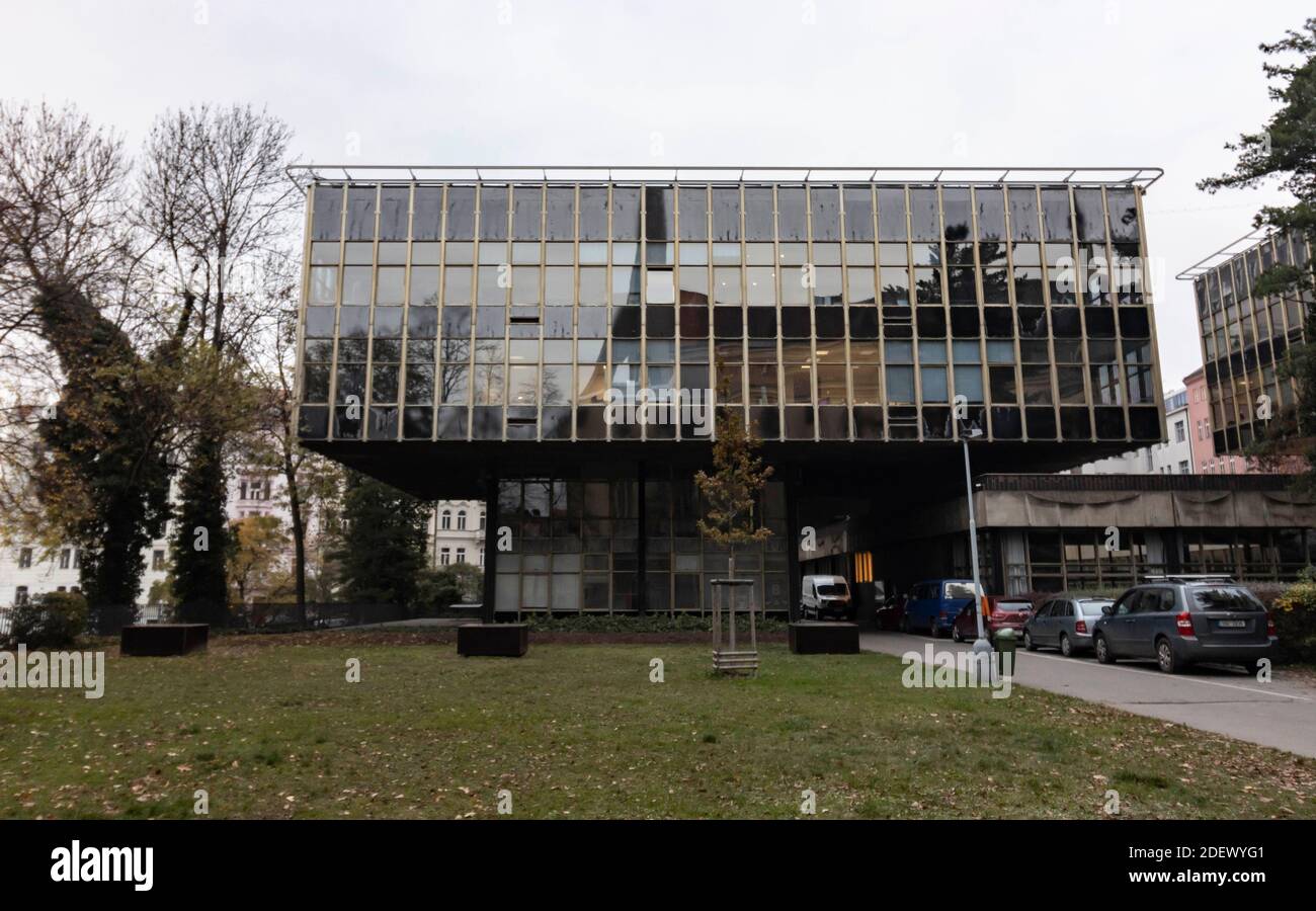 Headquarters of Center for Architecture and Metropolitan Planning, building in architecture style called Brutalism in Prague, Czech Republic, November Stock Photo