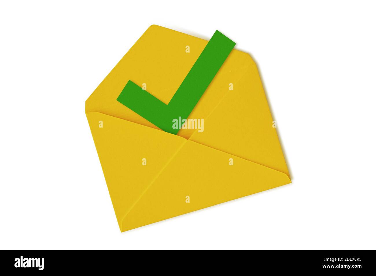 Yellow envelope with green check mark symbol on white background Stock