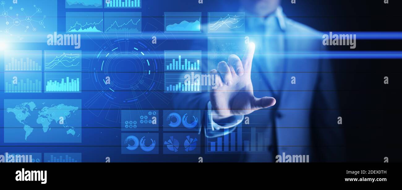 Virtual screen business intelligence dashboard, analytics and big data technology concept Stock Photo