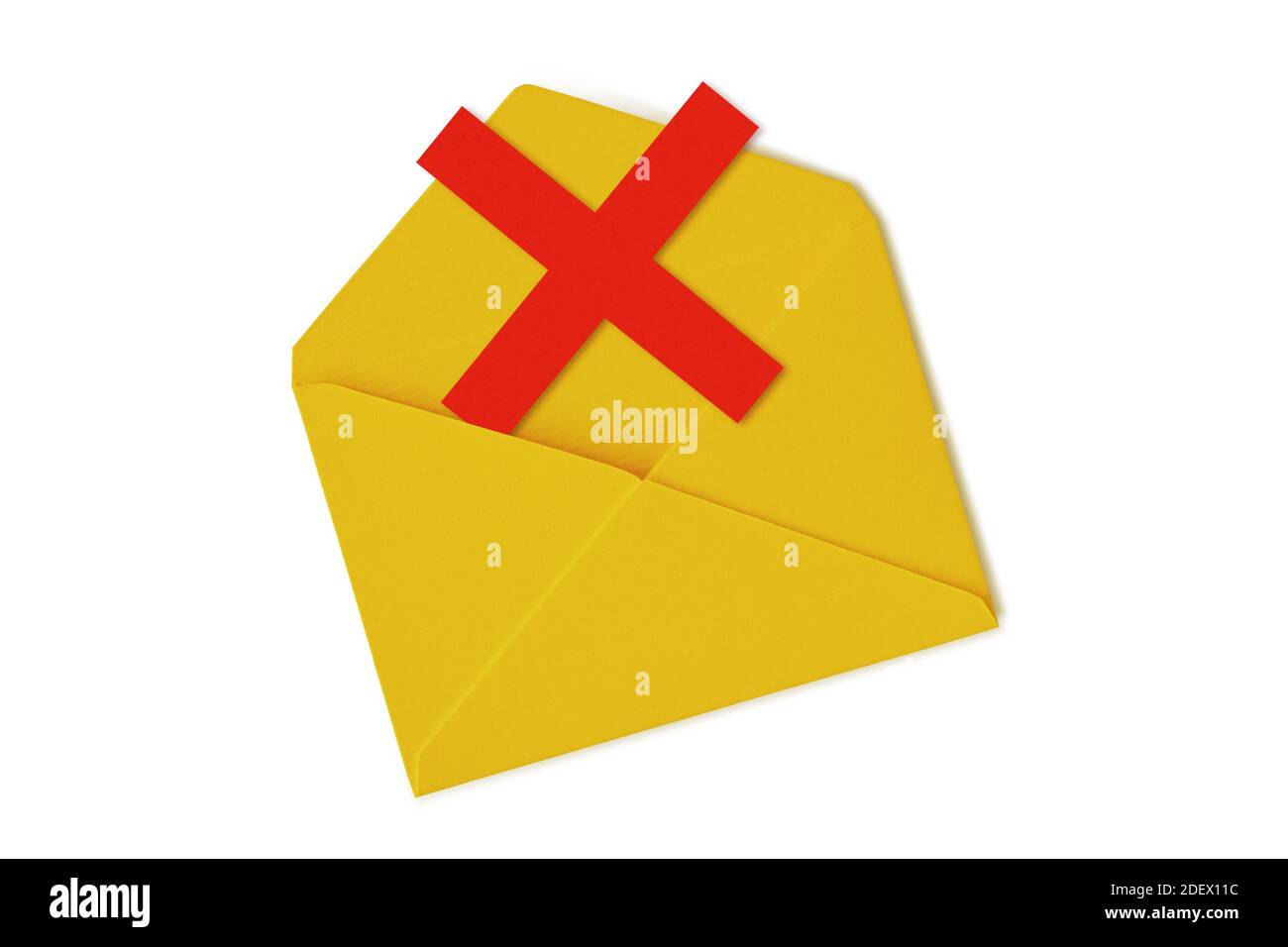 Yellow envelope with red x mark symbol on white background Stock Photo