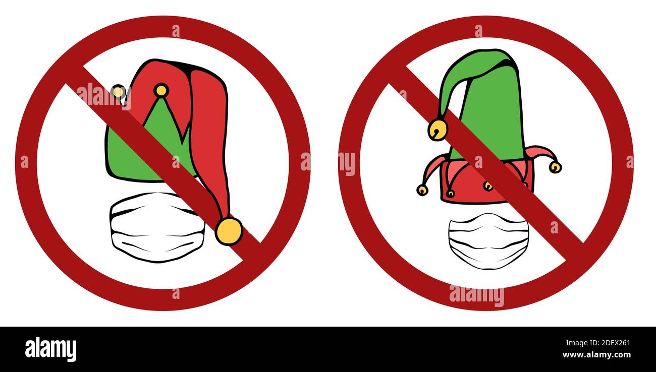 Festive cartoon elf hats with mask as a prohibition sign. Forbid on quarantine holidays. Ban on New Years and Christmas. Vector sign for logos, badges Stock Vector
