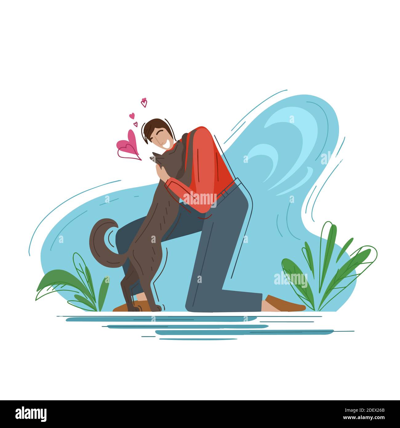 Love for pets. Trendy fashion illustration. Joyful man hugging a dog on an abstract background. Helping homeless animals. Vector flat illustration for Stock Vector