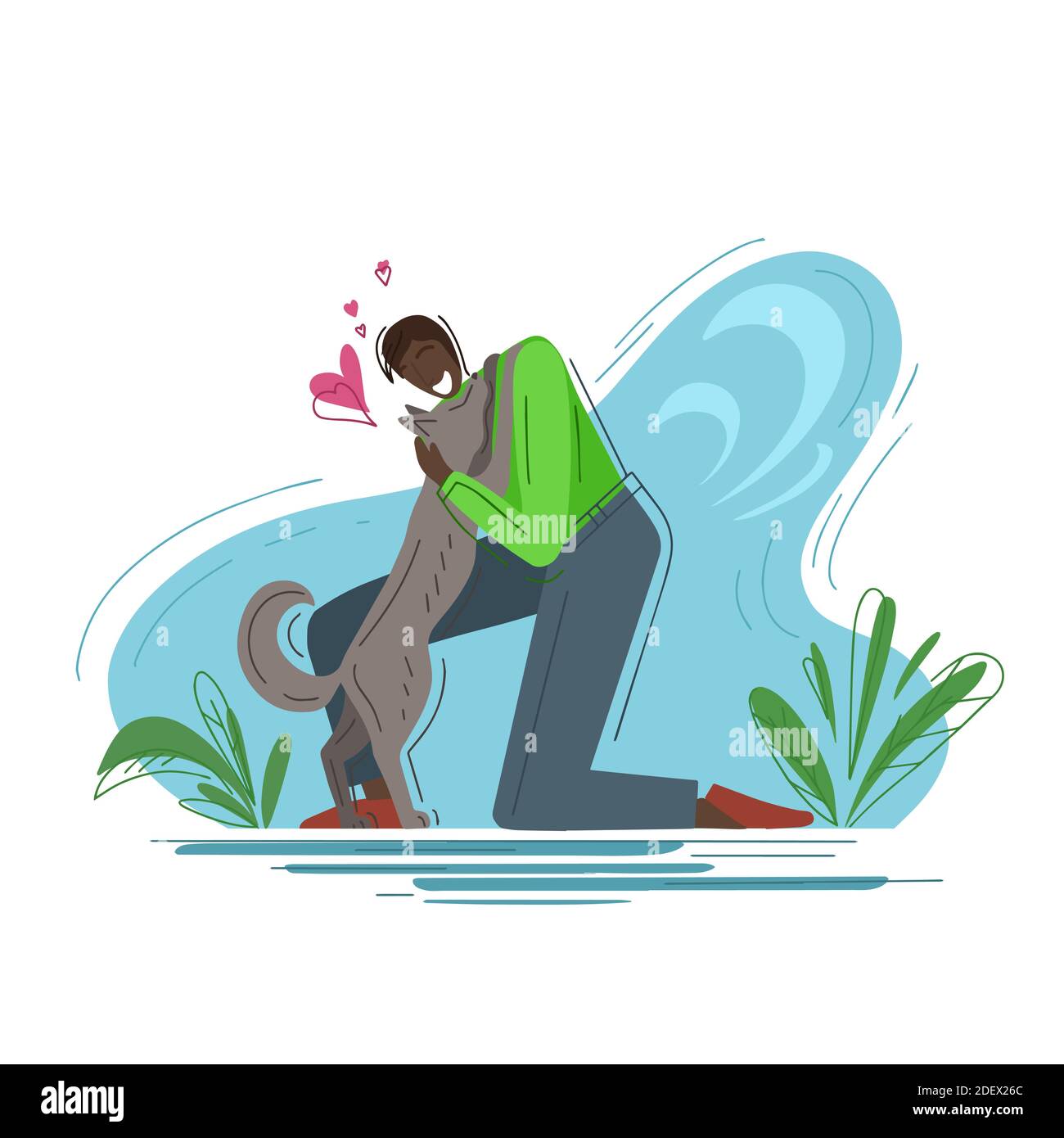 Love for pets. Trendy fashion illustration. Joyful african man hugging a dog on an abstract background. Helping homeless animals. Vector flat illustra Stock Vector