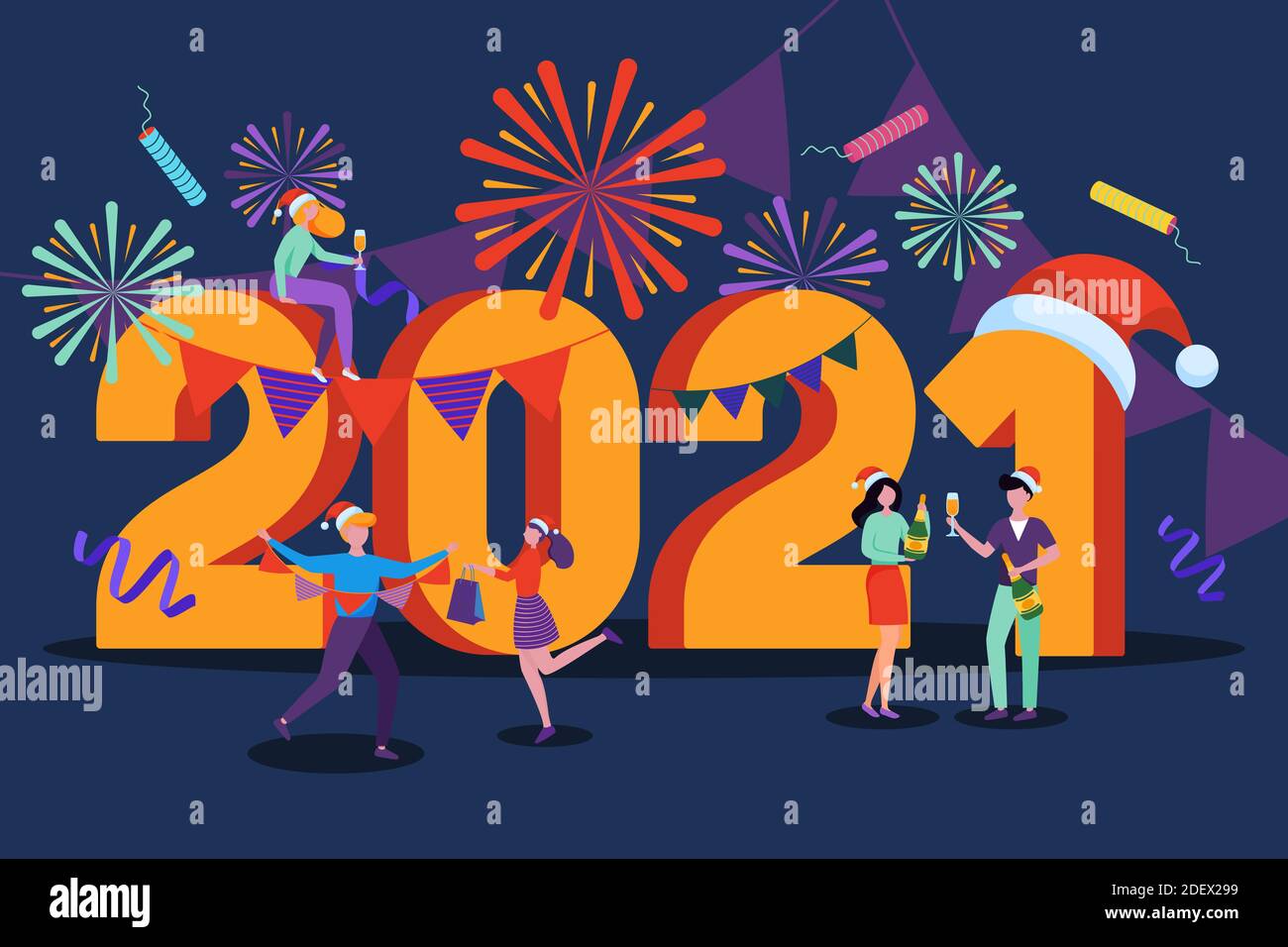 New Year 2021 greeting card. Vector flat cartoon illustration on dark blue background. Happy young people in santa hats have night party with firework Stock Vector