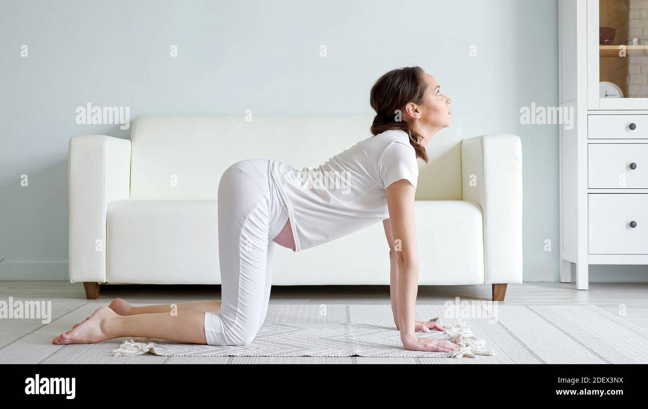 Brunette young pregnant lady does marjaryasana practicing yoga position on  floor rug near sofa in spacious room at home side view Stock Photo - Alamy