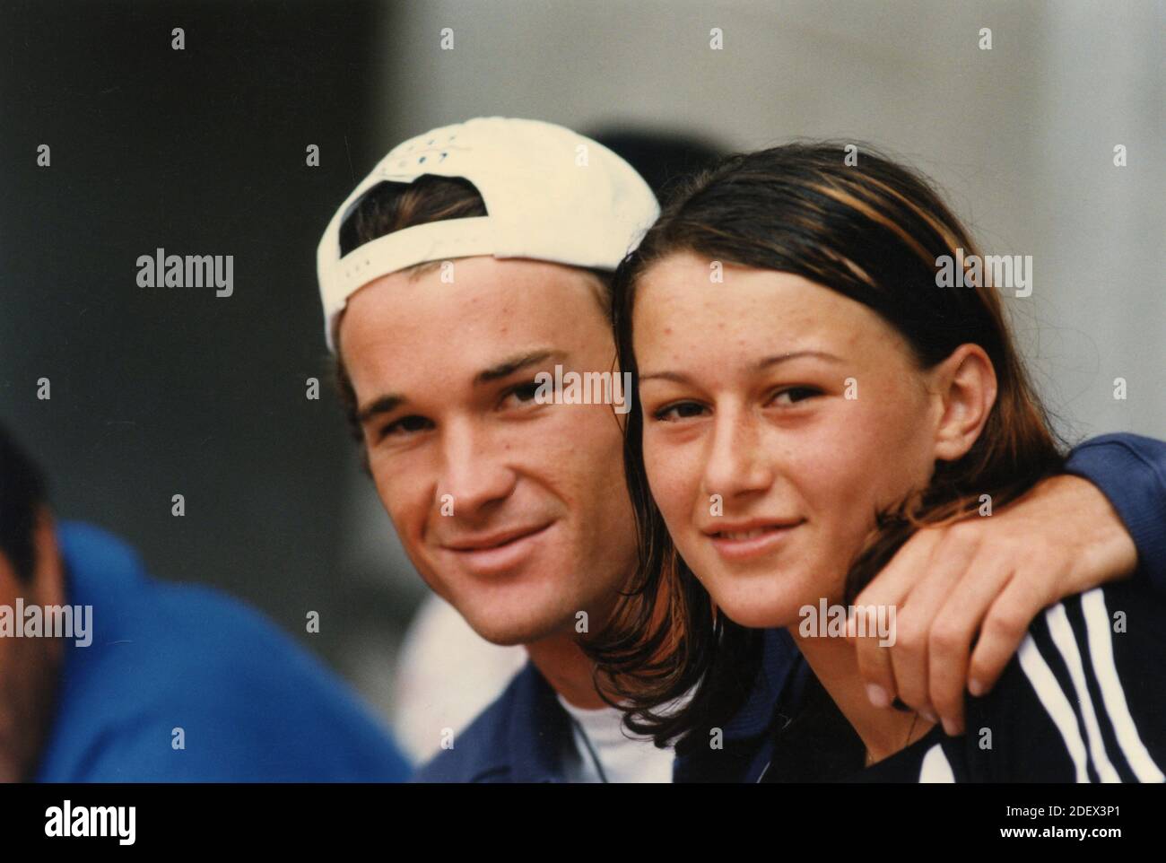 Spanish tennis player Carlos Moya and his girlfriend Raluka Sandu, 1997 Stock Photo