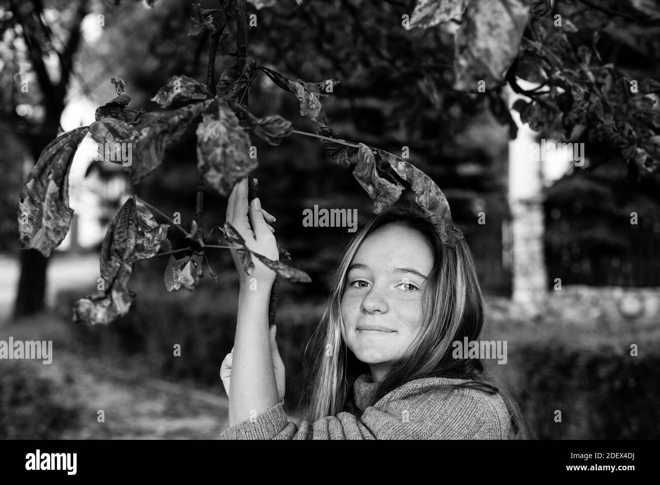 Portrait of young cute girl in autumn park. Black and white photo. Stock Photo