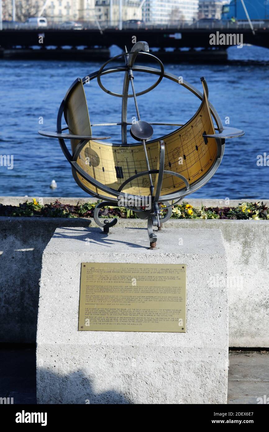 GENEV, SWITZERLAND - Feb 20, 2018: City trip in Geneva during the winter. Picture shows a sundial at Lake Geneva. Stock Photo