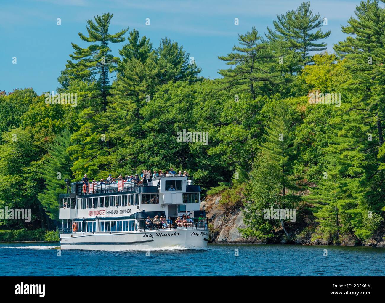 geography / travel, Canada, Lady Muskoka sight seeing cruise ship on Lake Muskoka in Muskoka in Braceb, Additional-Rights-Clearance-Info-Not-Available Stock Photo
