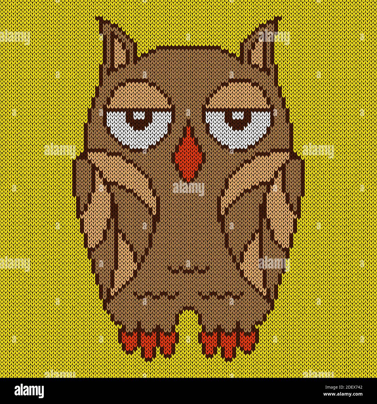 Knitting of Funny and Sad Owl with Big Eyes Stock Vector