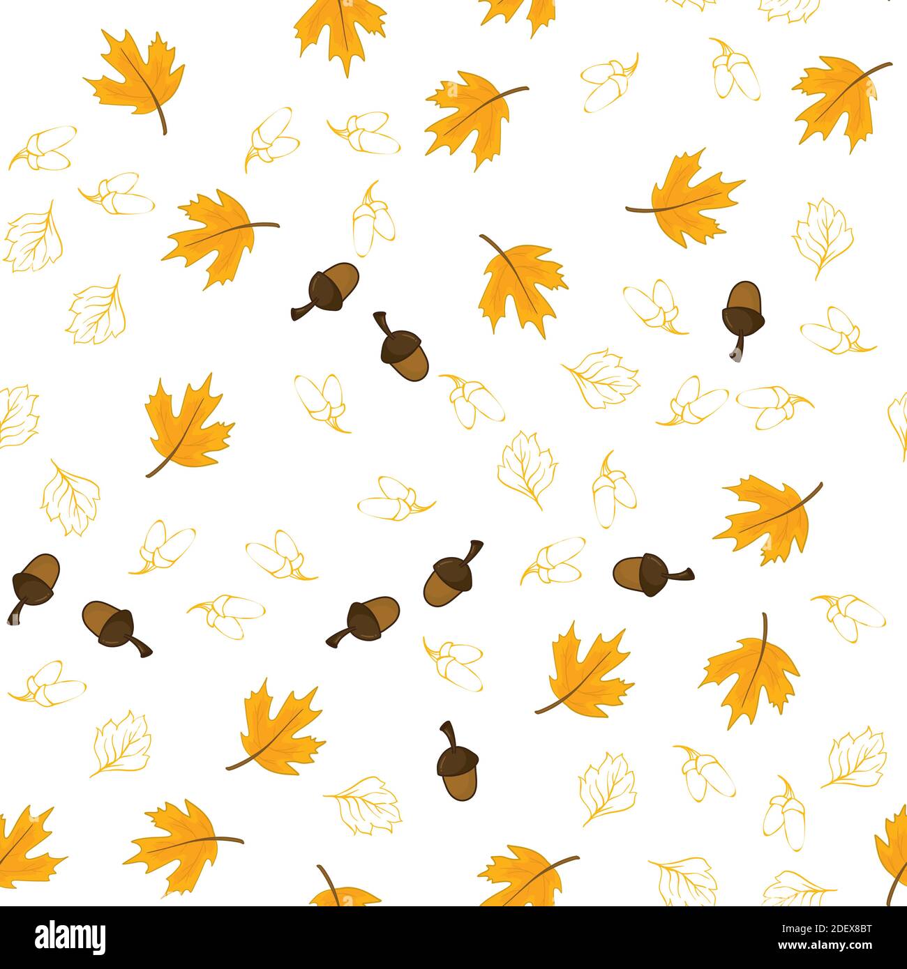 autumn pattern with fallen oak leaves and acorns on a white background Stock Vector