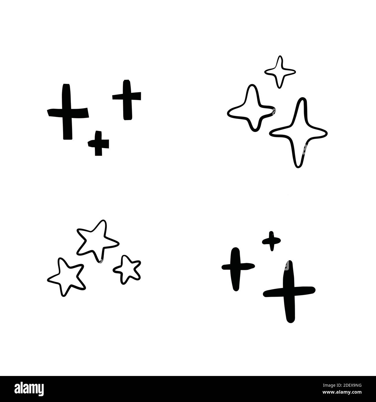 Set of black hand drawn doodle stars in isolated on white background ...