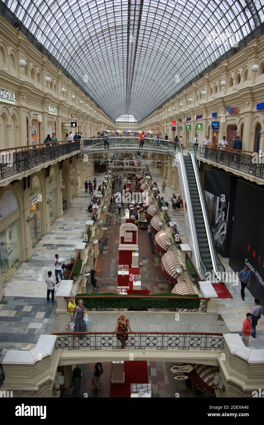 GUM shopping mall just on Red Square, the domed glass roof on steel structure is a light and airy building. Stock Photo