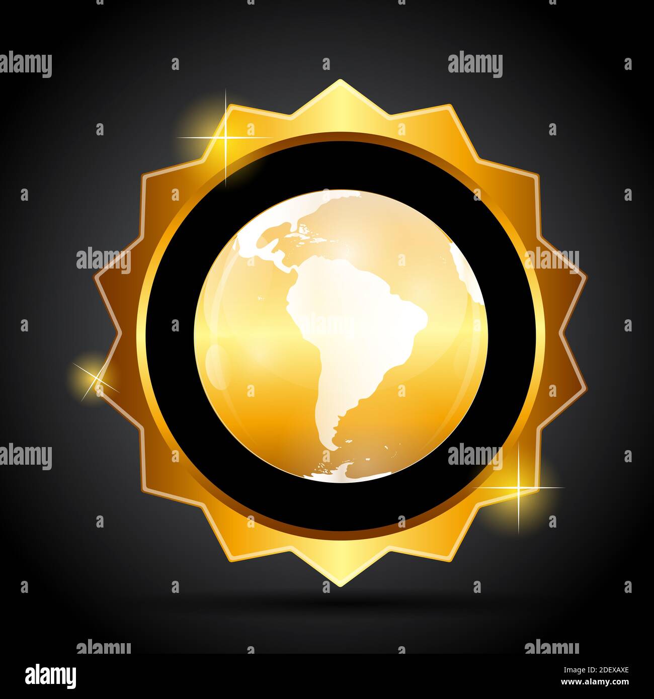 Illustration of Golden Label with Globe Map Stock Photo - Alamy