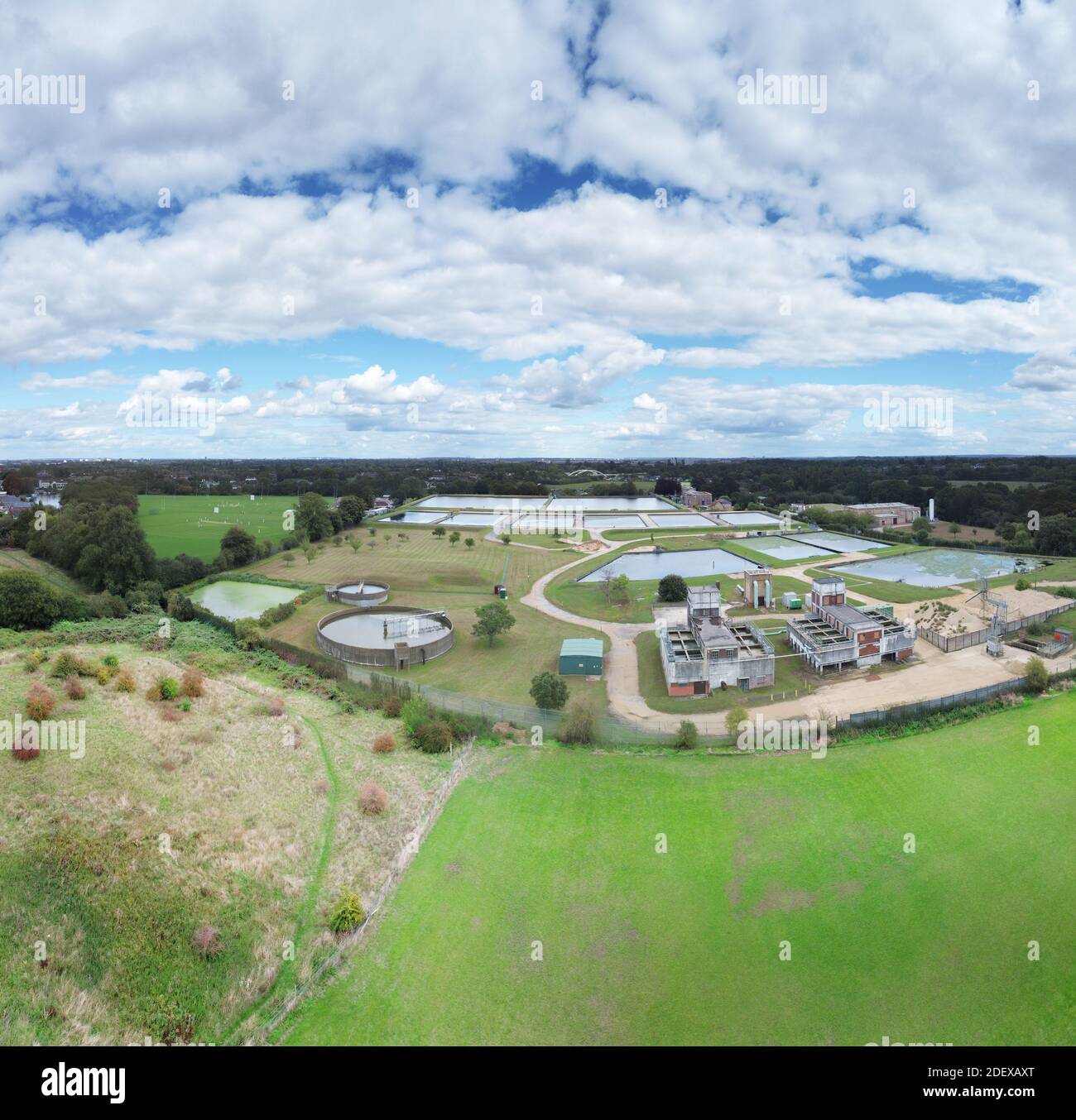 aerial panoramic view of Desborough Island Water Works treatment plant in shepperton uk Stock Photo