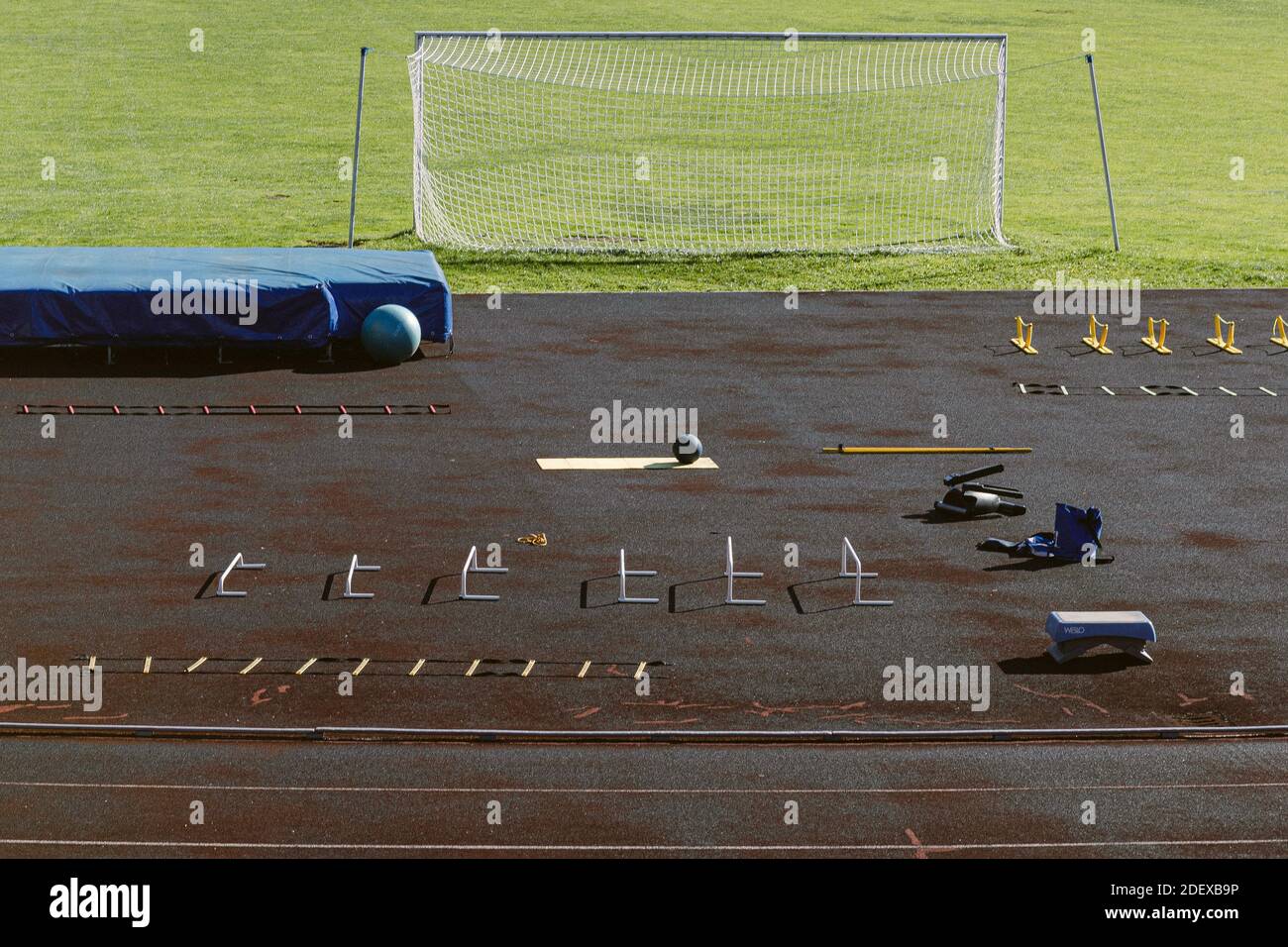 Athletics track with athletics gear Stock Photo